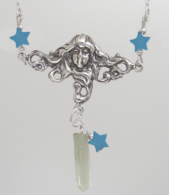 Sterling Silver Woman Maiden of the Morning Star Necklace With Clear Quartz And Turquoise Stars